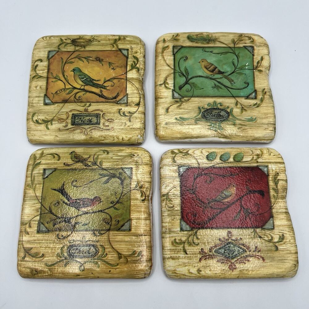 Kate McRostie Bird Coasters Discontinued Cork Back Ceramic Tile Farmhouse Set/4